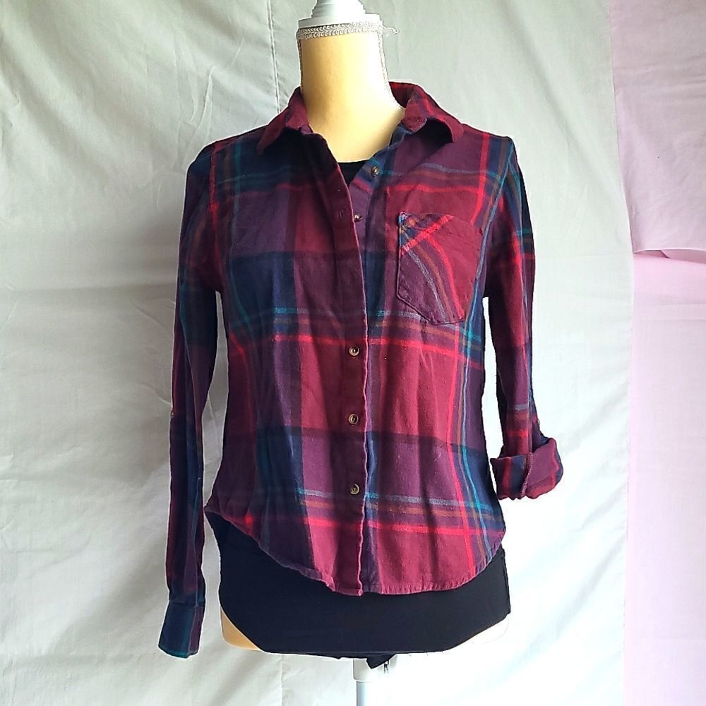 Miami Plaid Button Down Roll Tap Sleeve Shirt Size S